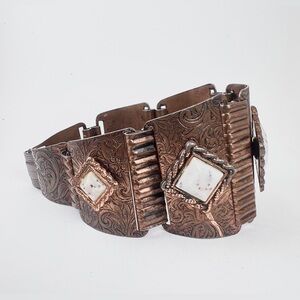 Vintage 1960s Copper Panel Bracelet with Confetti Stone Accents Mid-Century MCM